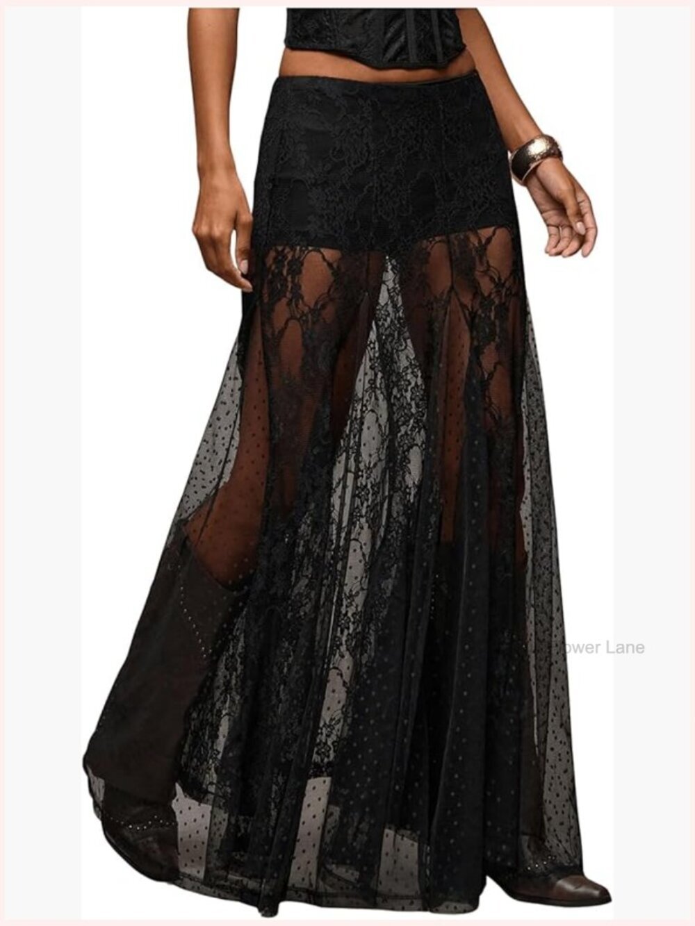 Lace Sheer Maxi Skirt Floral Polka Dots Ruffle Boho Goth Long Skirt